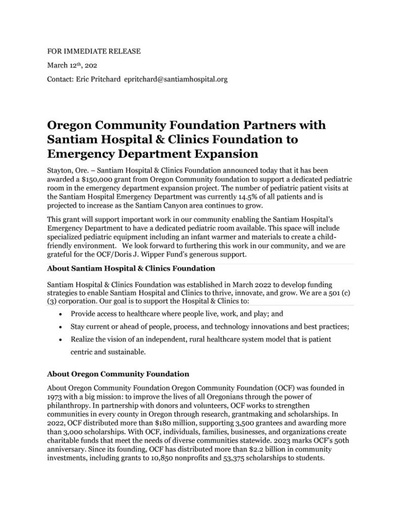 Oregon Community Foundation Partners with Santiam Hospital & Clinics Foundation to Emergency Department Expansion