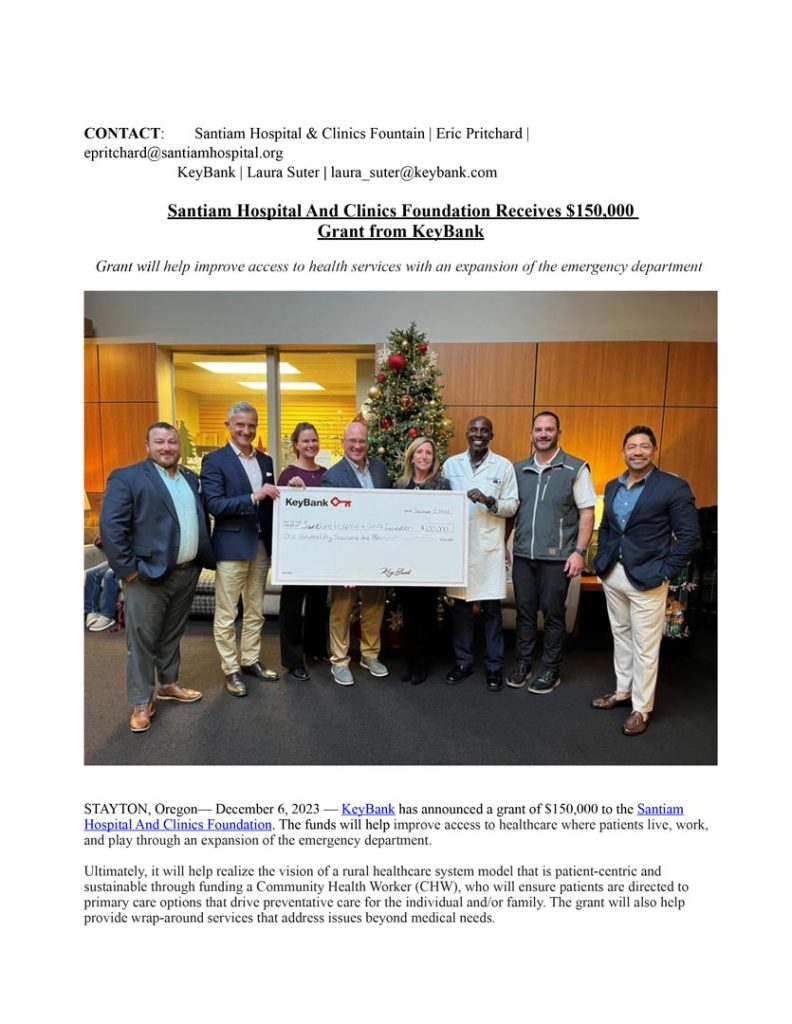Santiam Hospital And Clinics Foundation Receives $150,000 Grant from KeyBank