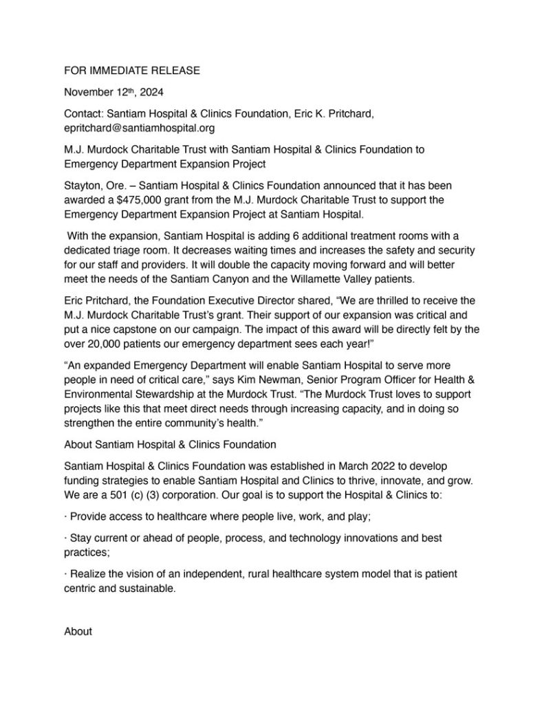M.J. Murdock Charitable Trust with Santiam Hospital & Clinics Foundation to Emergency Department Expansion Project