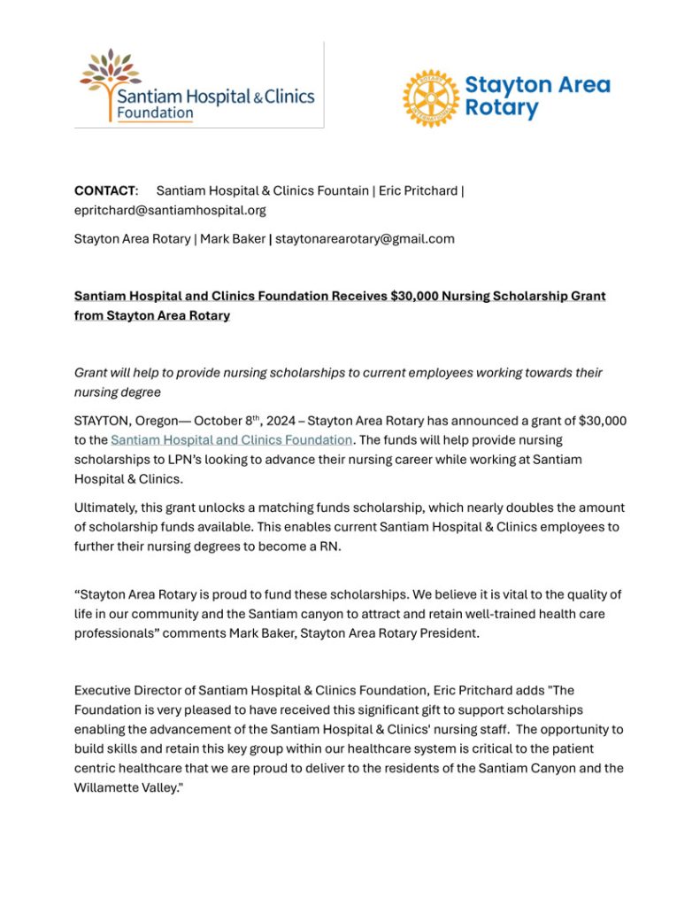 Santiam Hospital and Clinics Foundation Receives $30,000 Nursing Scholarship Grant from Stayton Area Rotary