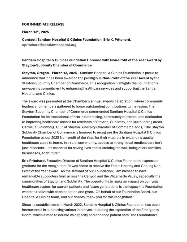 Santiam Hospital & Clinics Foundation Honored with Non-Profit of the Year Award by Stayton-Sublimity Chamber of Commerce