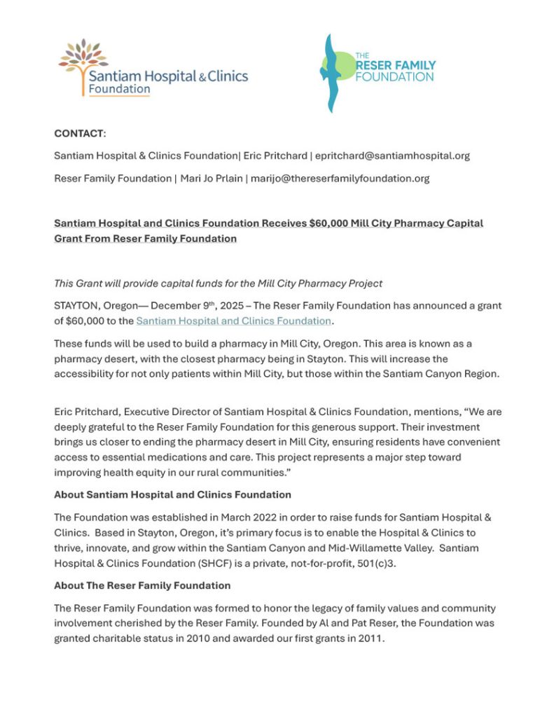 Santiam Hospital and Clinics Foundation Receives $60,000 Mill City Pharmacy Capital Grant From Reser Family Foundation